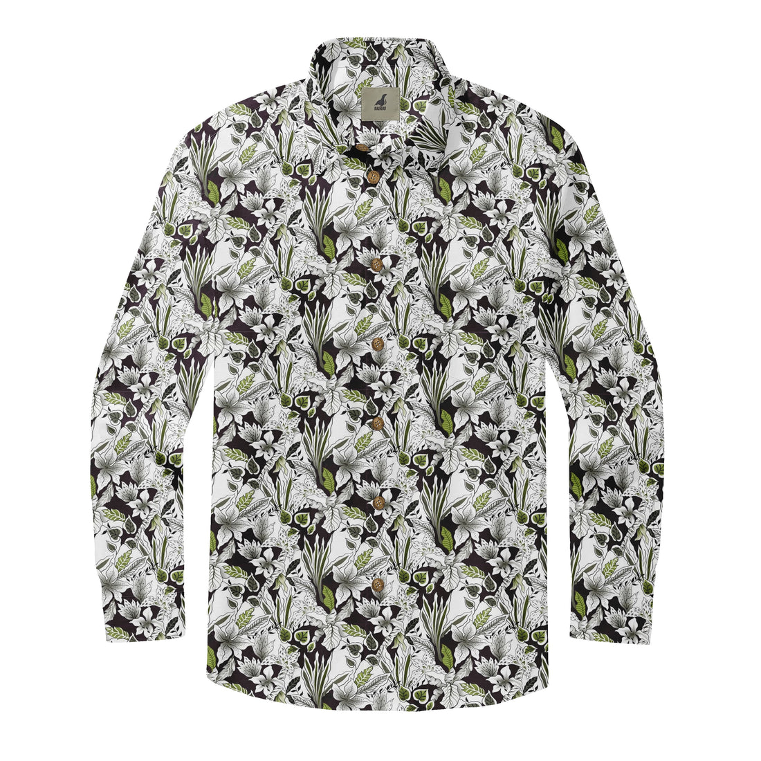 Black and White Tropical Floral Long Sleeve Hawaiian Shirt