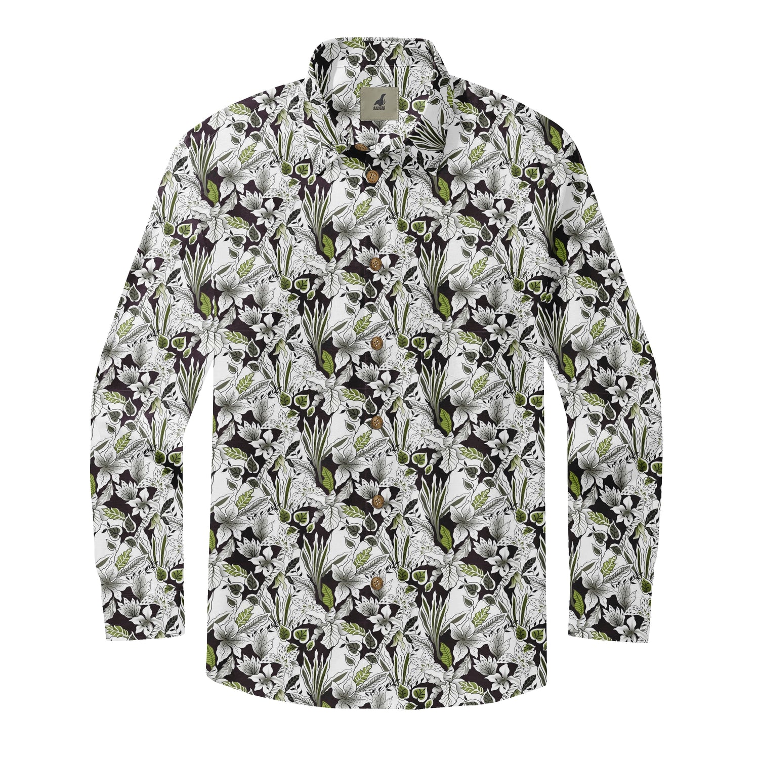 Black and White Tropical Floral Long Sleeve Hawaiian Shirt