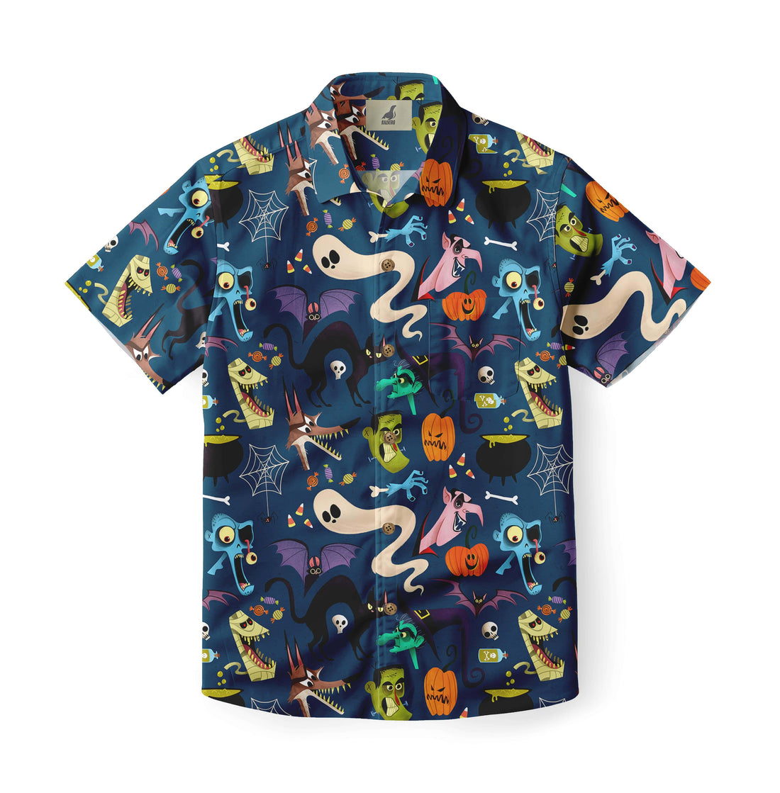 Halloween-themed short-sleeve shirt with colorful cartoon monsters.