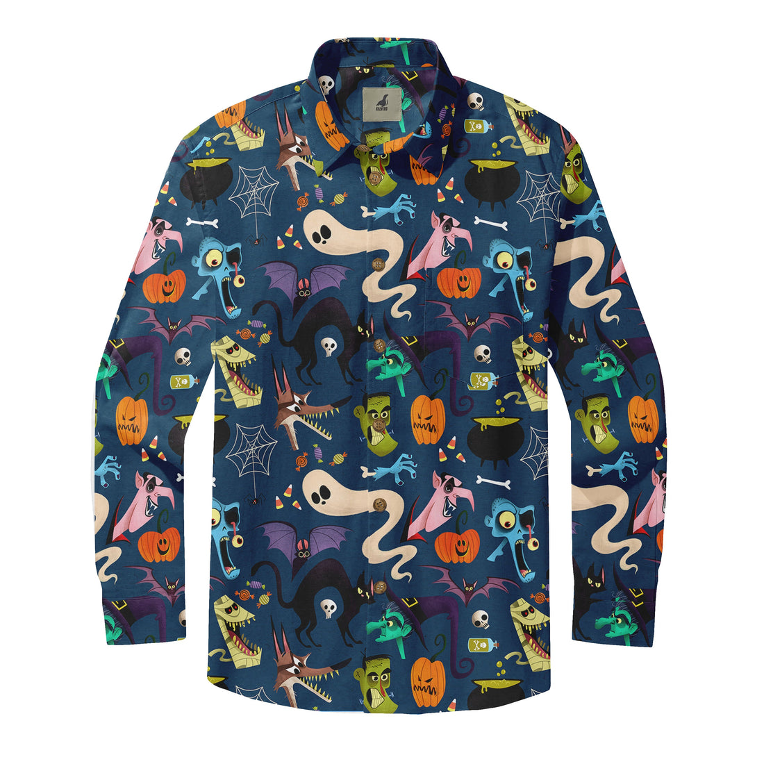 Halloween-themed shirt with colorful cartoon monsters, pumpkins.