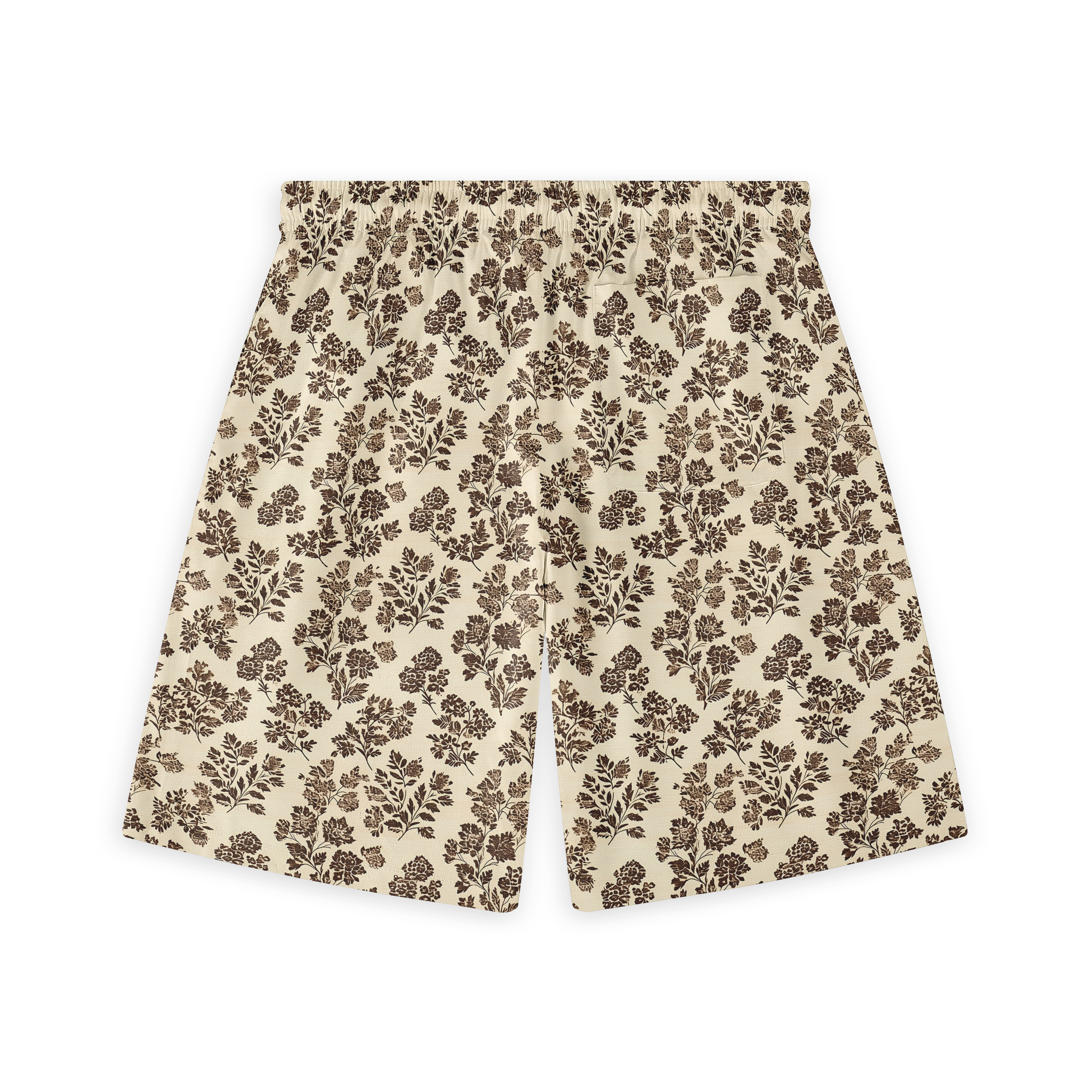 A pair of shorts featuring a design with detailed brown floral patterns arranged on a cream-colored background, creating a natural and timeless look.