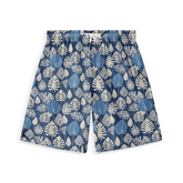 A pair of shorts featuring a design with white and light blue leaves on a deep blue background, creating a serene and nature-inspired look.