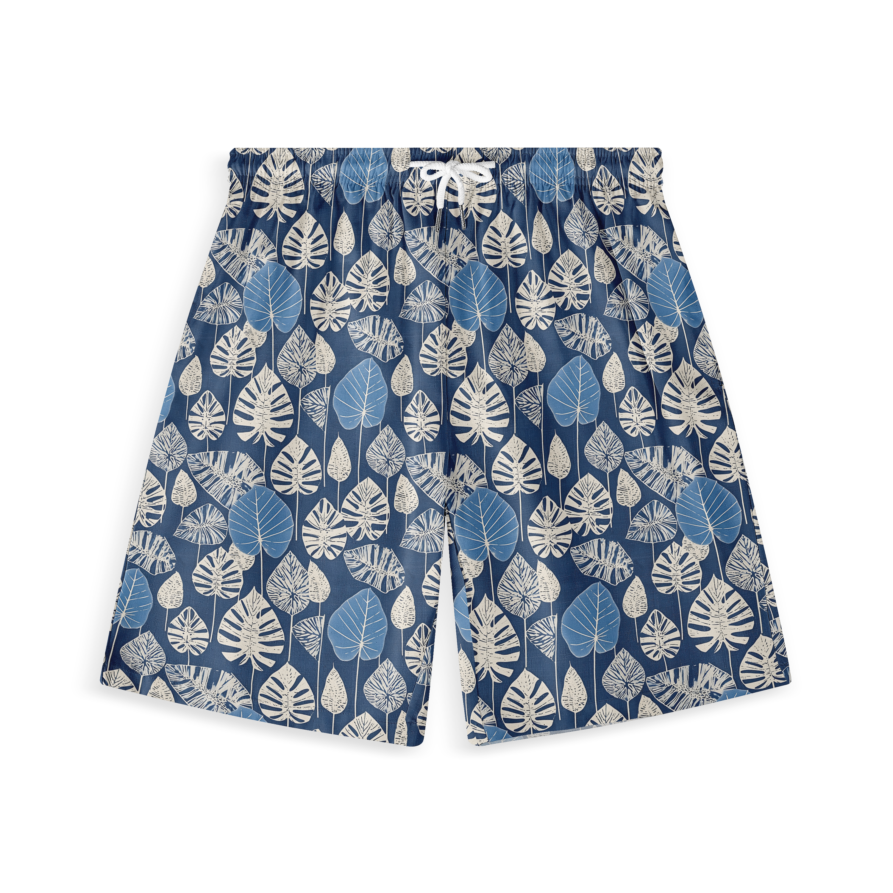 A pair of shorts featuring a design with white and light blue leaves on a deep blue background, creating a serene and nature-inspired look.