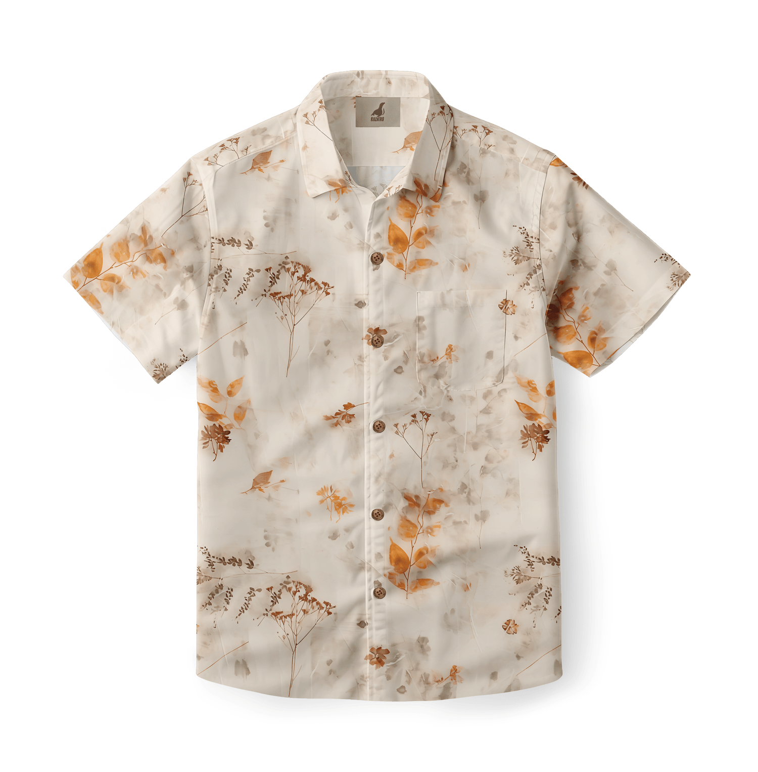 Beige short-sleeve shirt with orange floral pattern.