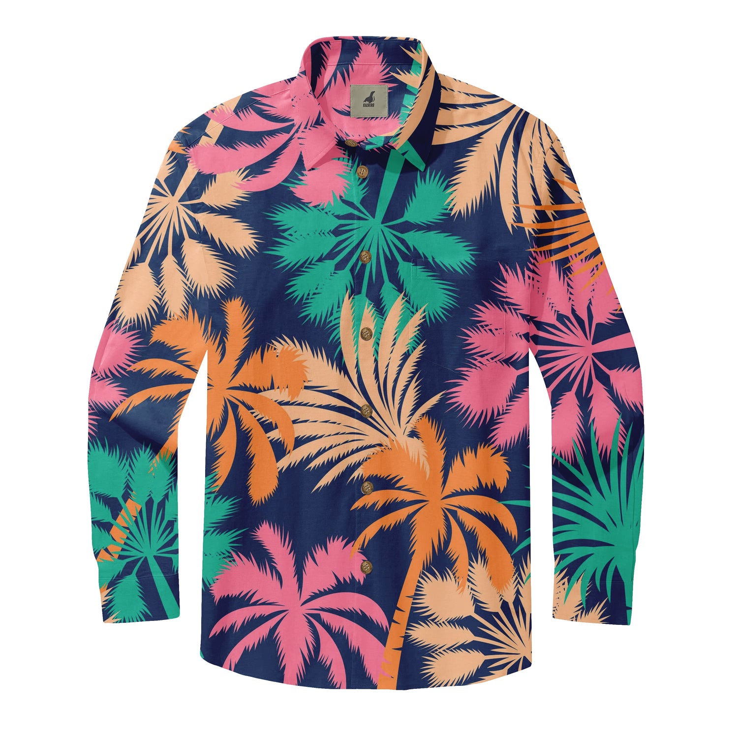 Navy Tropical Palm Long Sleeve Hawaiian Shirt