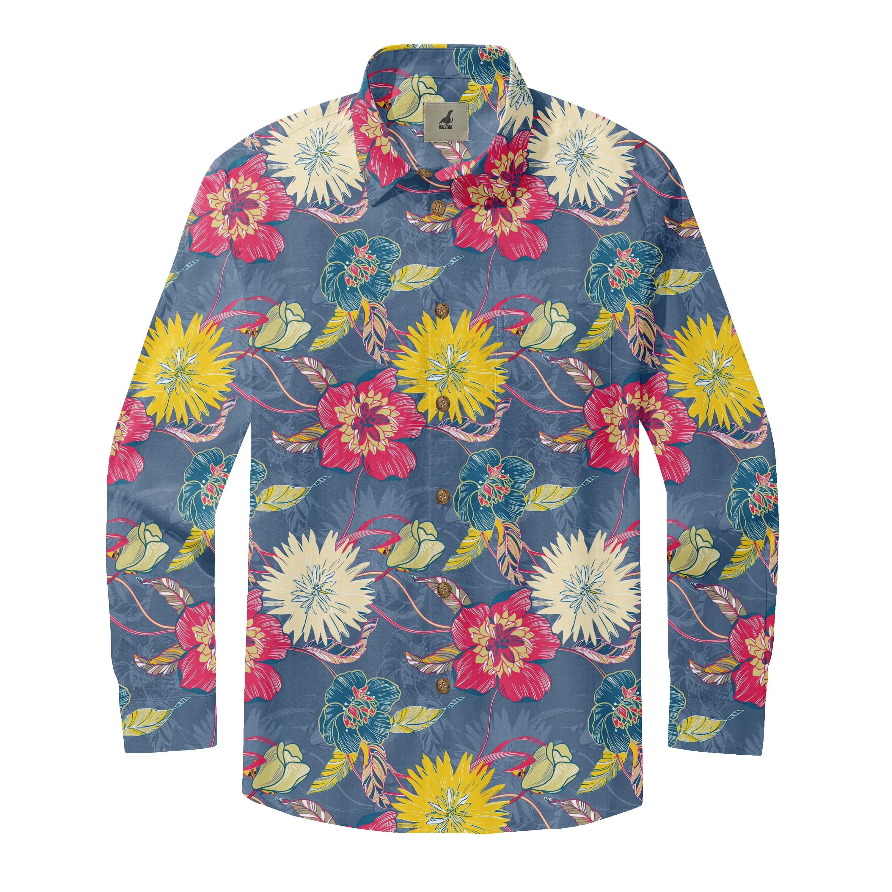 Blue Tropical Floral Long Sleeve Hawaiian Shirt