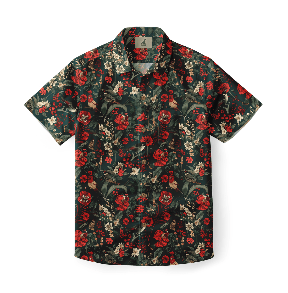 Shirt with a floral and bird pattern in rich red and white tones on a dark background.