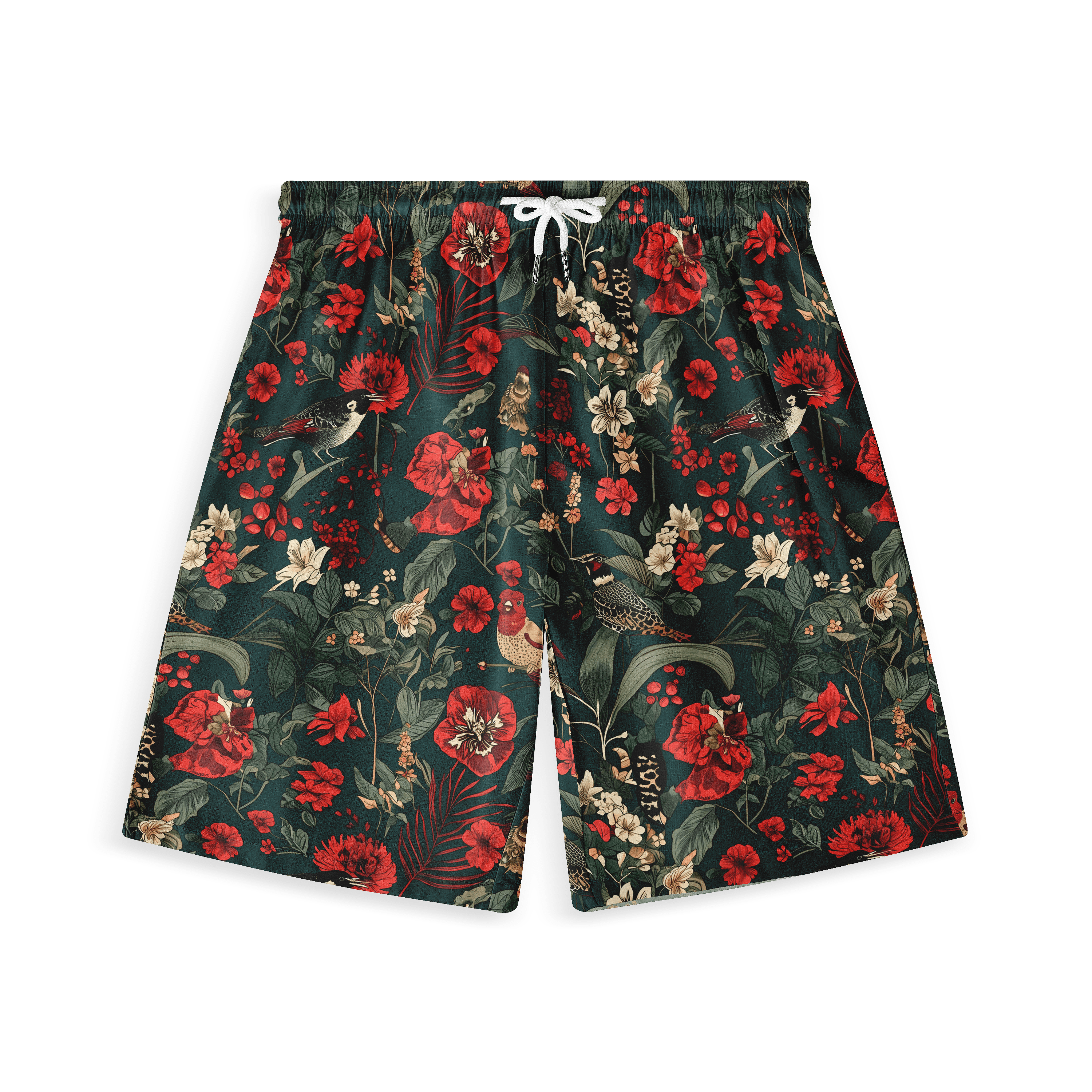 Short with a floral and bird pattern in rich red and white tones on a dark background.