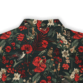 Dark floral shirt with red flowers, green leaves, and birds.