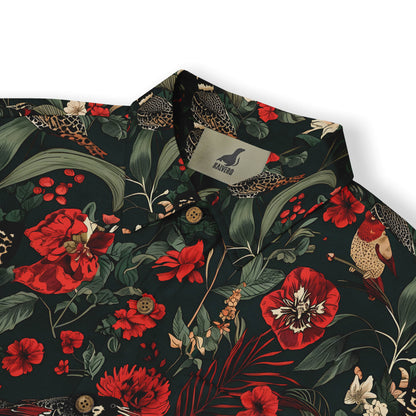 Dark floral shirt with red flowers, green leaves, and leopard spots.