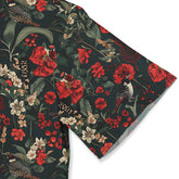 Dark floral scarf with red flowers, green leaves, and birds.