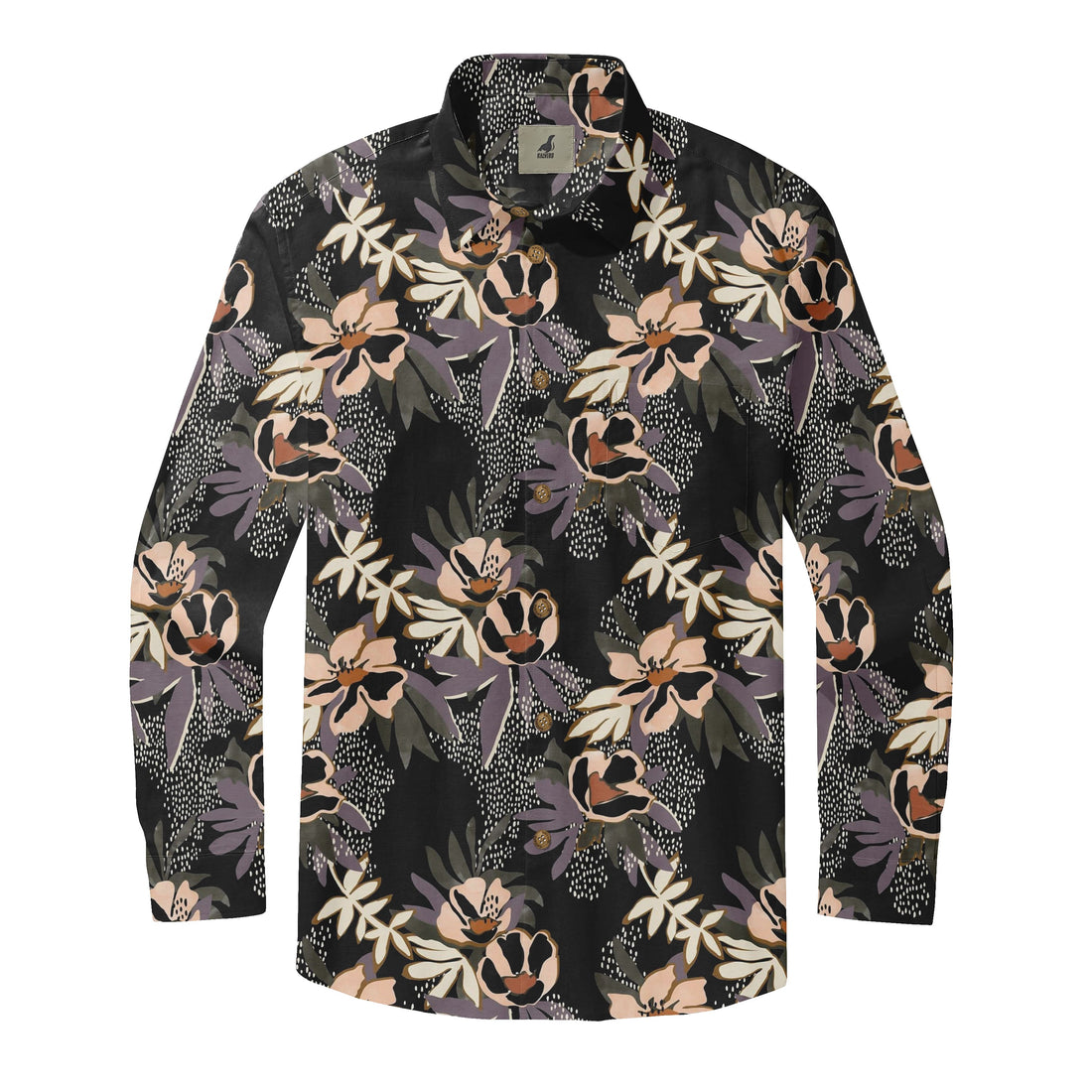 Black Tropical Floral Long Sleeve Hawaiian Shirt