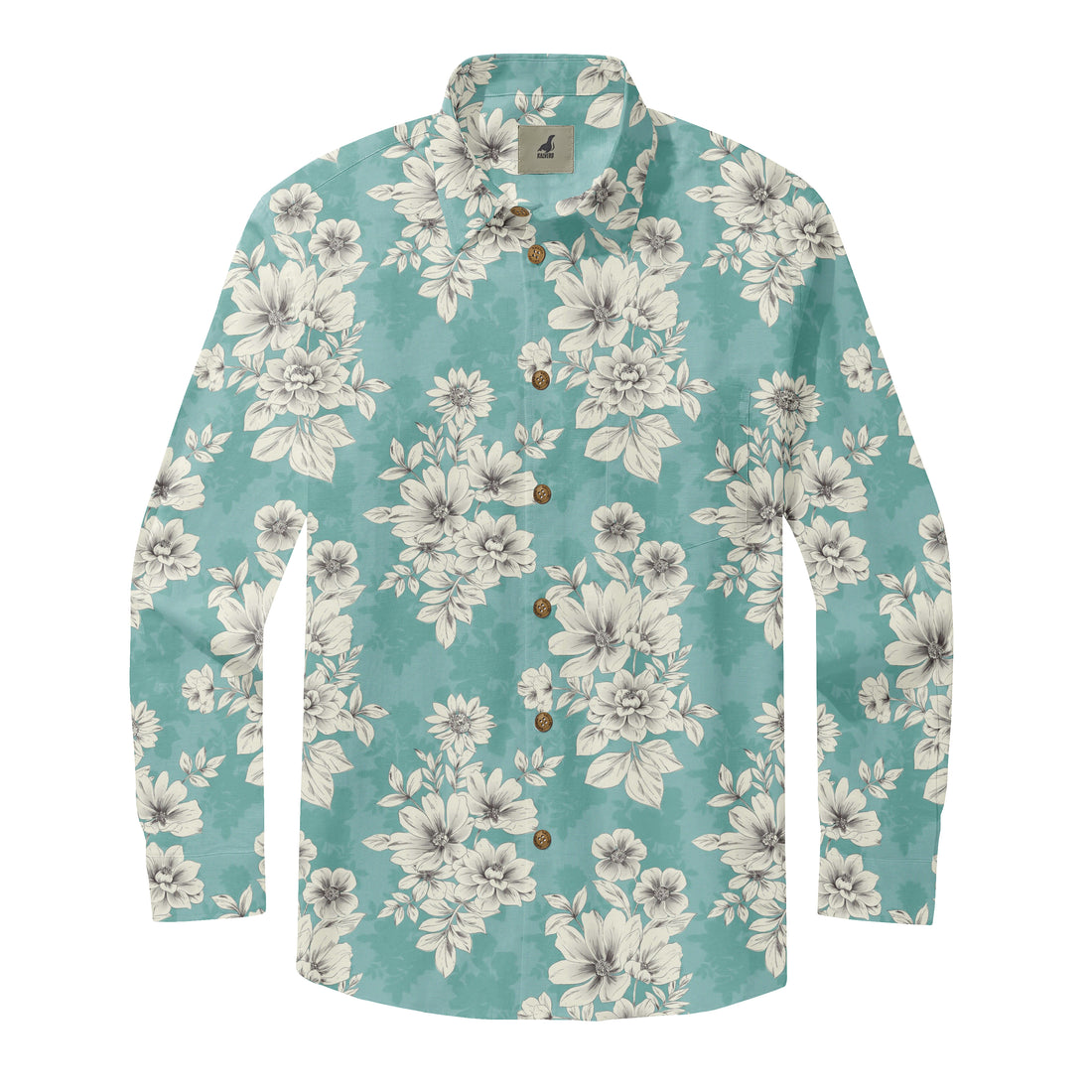 Teal Tropical Floral Long Sleeve Hawaiian Shirt