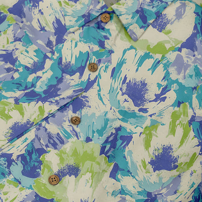 Calming abstract floral design on a lightweight summer shirt.