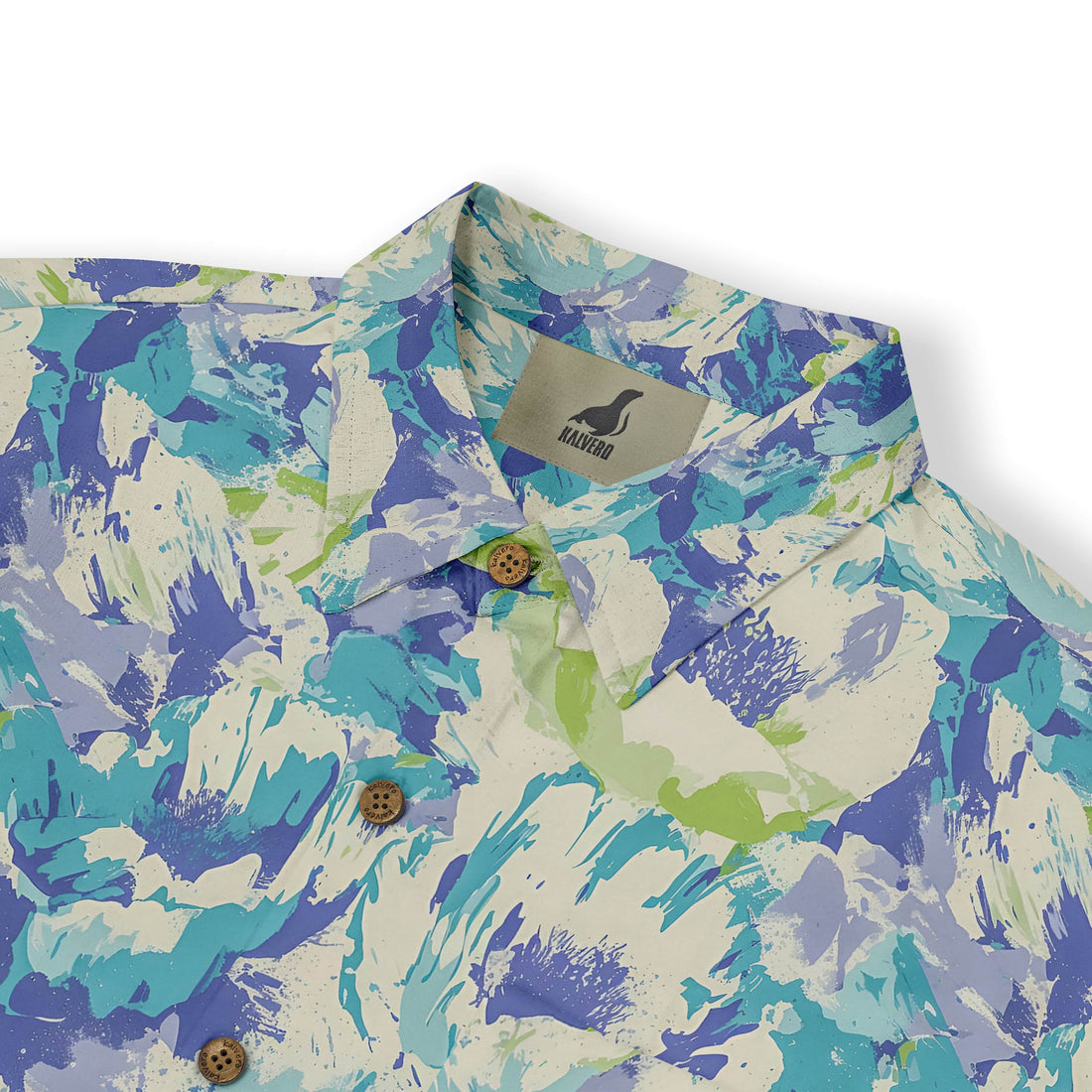 Blue and green floral print shirt, symbolizing serenity and renewal.