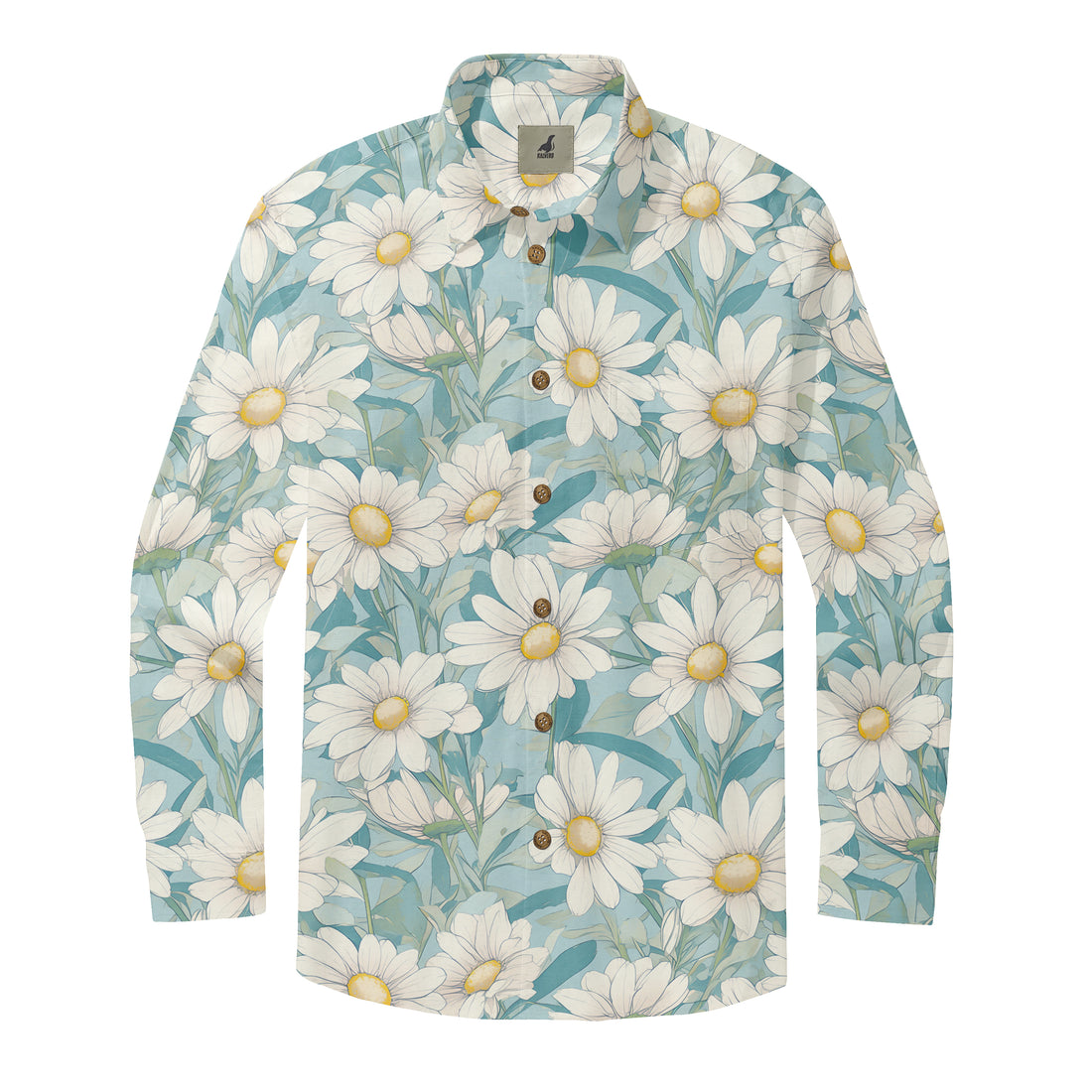 Light Blue White Daisy Long Sleeve Hawaiian Shirt