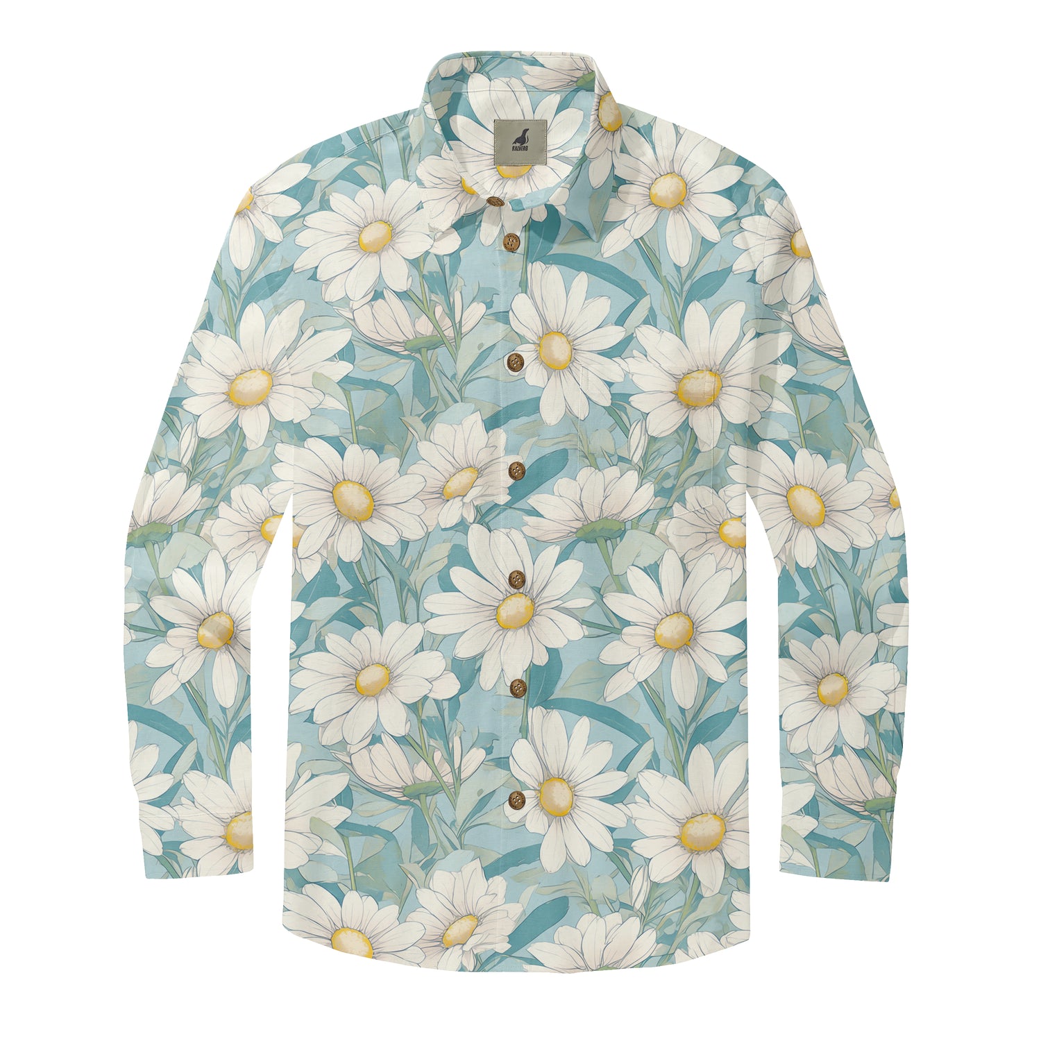 Light Blue White Daisy Long Sleeve Hawaiian Shirt
