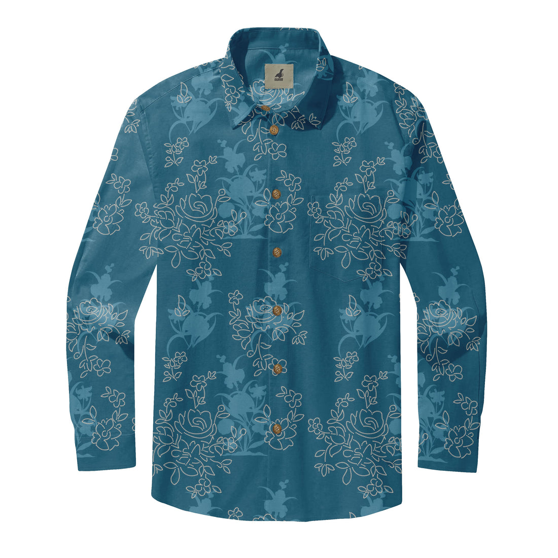 Teal Tropical Floral Long Sleeve Hawaiian Shirt