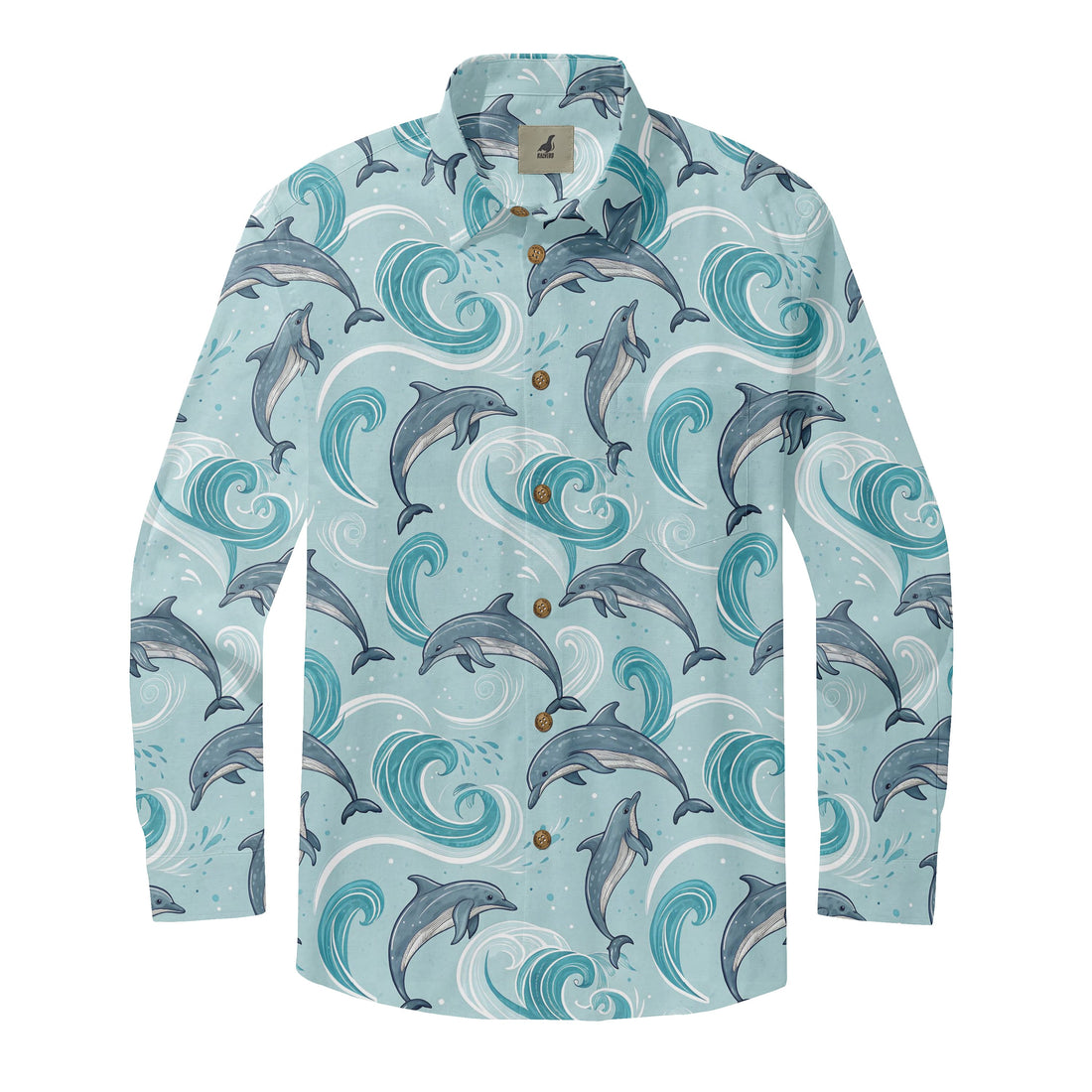 Light Blue Dolphin and Waves Long Sleeve Hawaiian Shirt