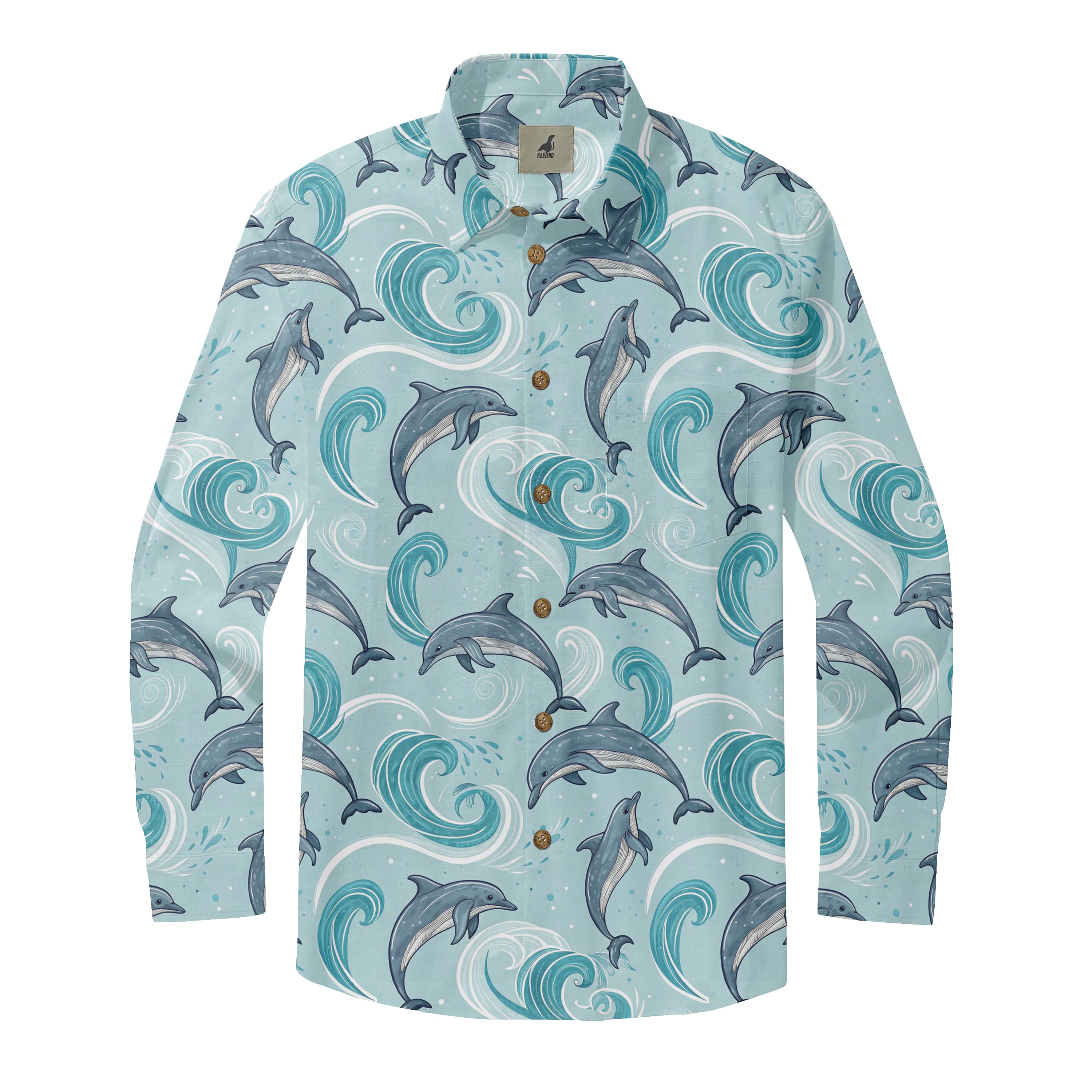 Light Blue Dolphin and Waves Long Sleeve Hawaiian Shirt