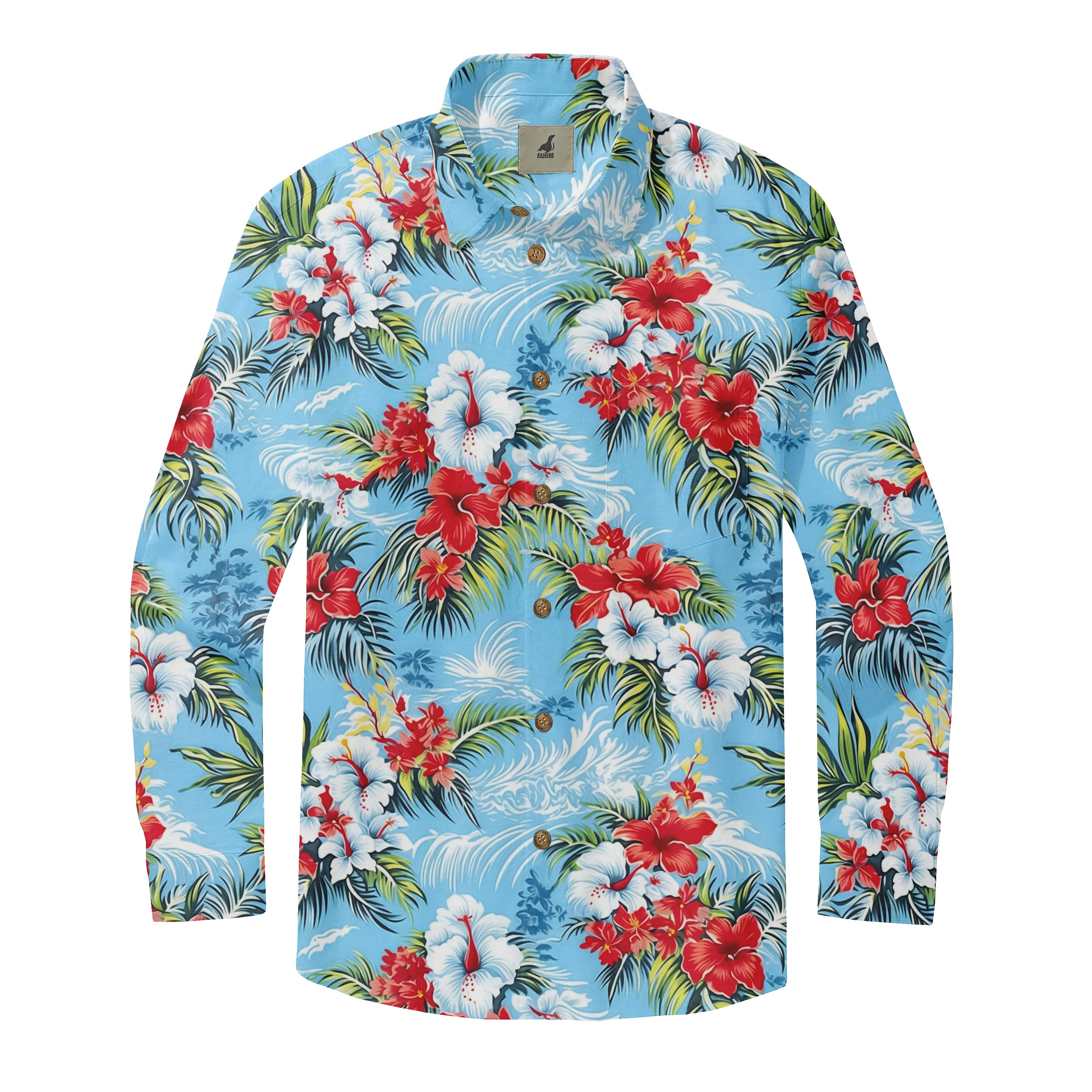 Light Blue Tropical Floral Long Sleeve Hawaiian Shirt