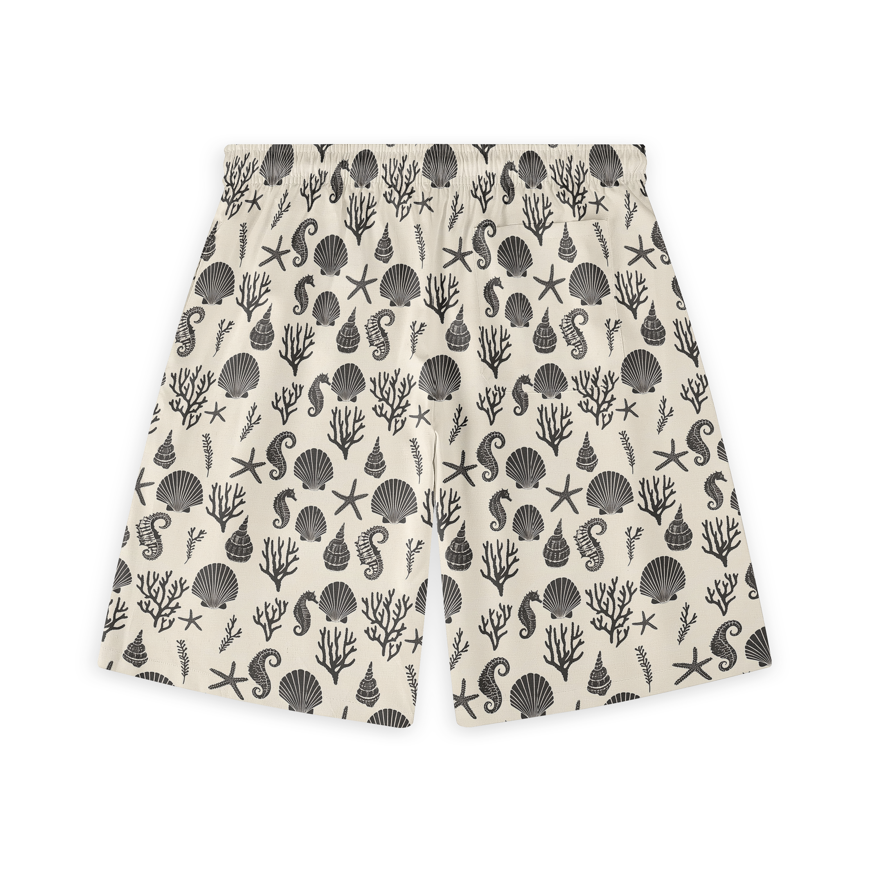 A pair of shorts featuring a design with black and white ocean-themed icons, including seashells, seahorses, starfish, and coral, on a light background, creating a minimalist yet striking coastal look.