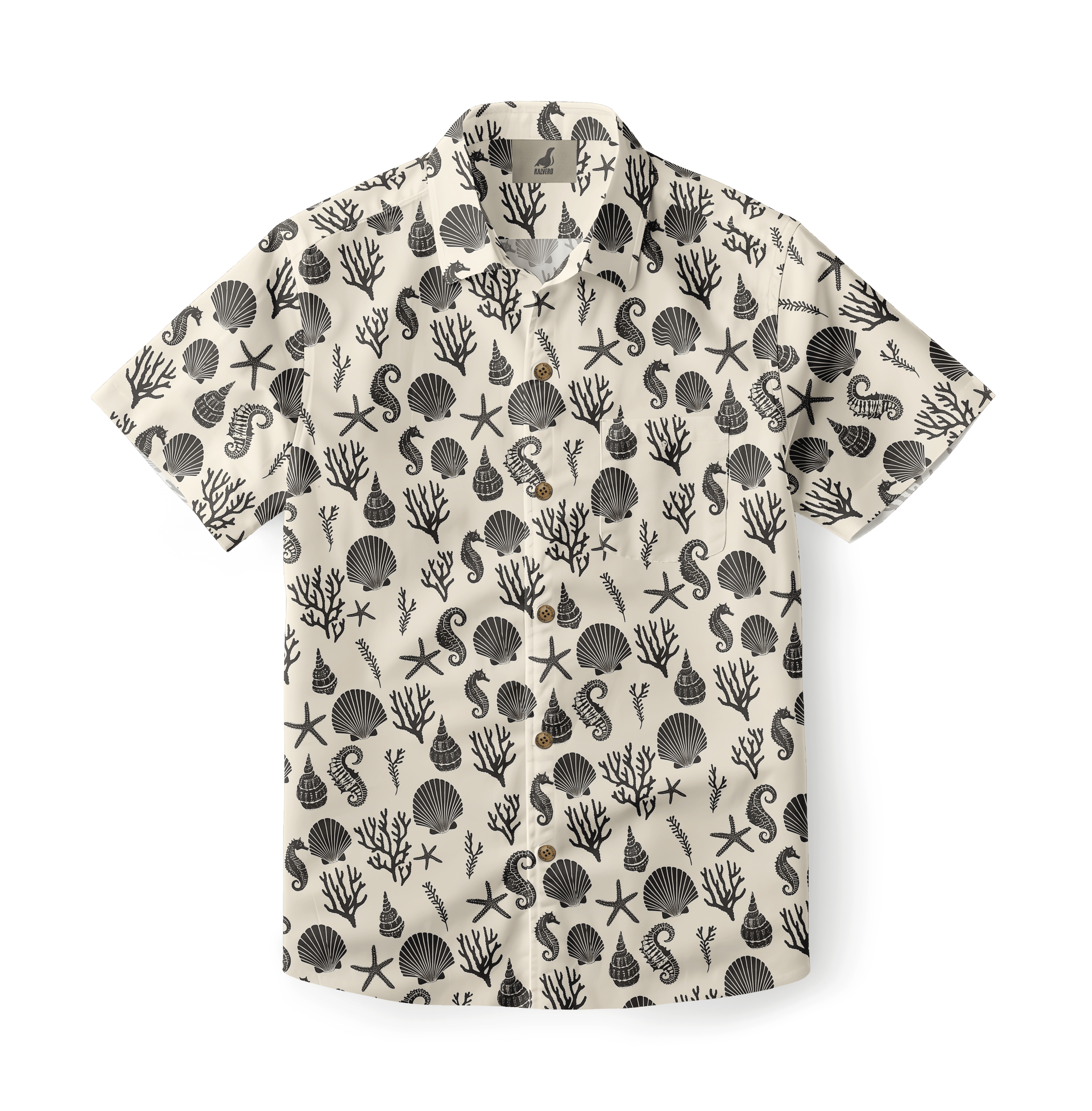 Monochromatic ocean-themed shirt with seahorses, starfish, and seashells