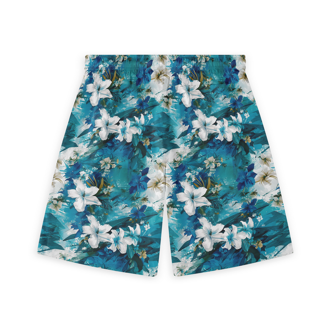 A pair of shorts featuring a design with vibrant white and blue flowers set against a teal background, creating a dynamic and refreshing ocean-inspired pattern.