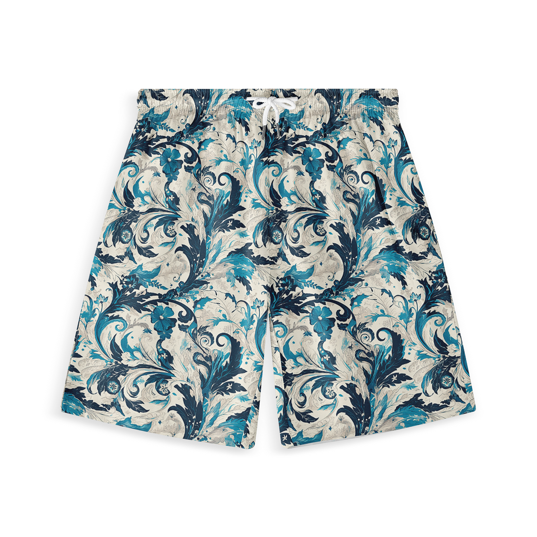 A pair of shorts featuring a design with intricate blue and teal floral patterns intertwined with swirling leaves on a light beige background, creating a sophisticated and dynamic look.