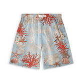 A pair of shorts featuring a design with red and beige coral, starfish, seashells, and marine elements on a light blue background, creating a vibrant and ocean-inspired look.