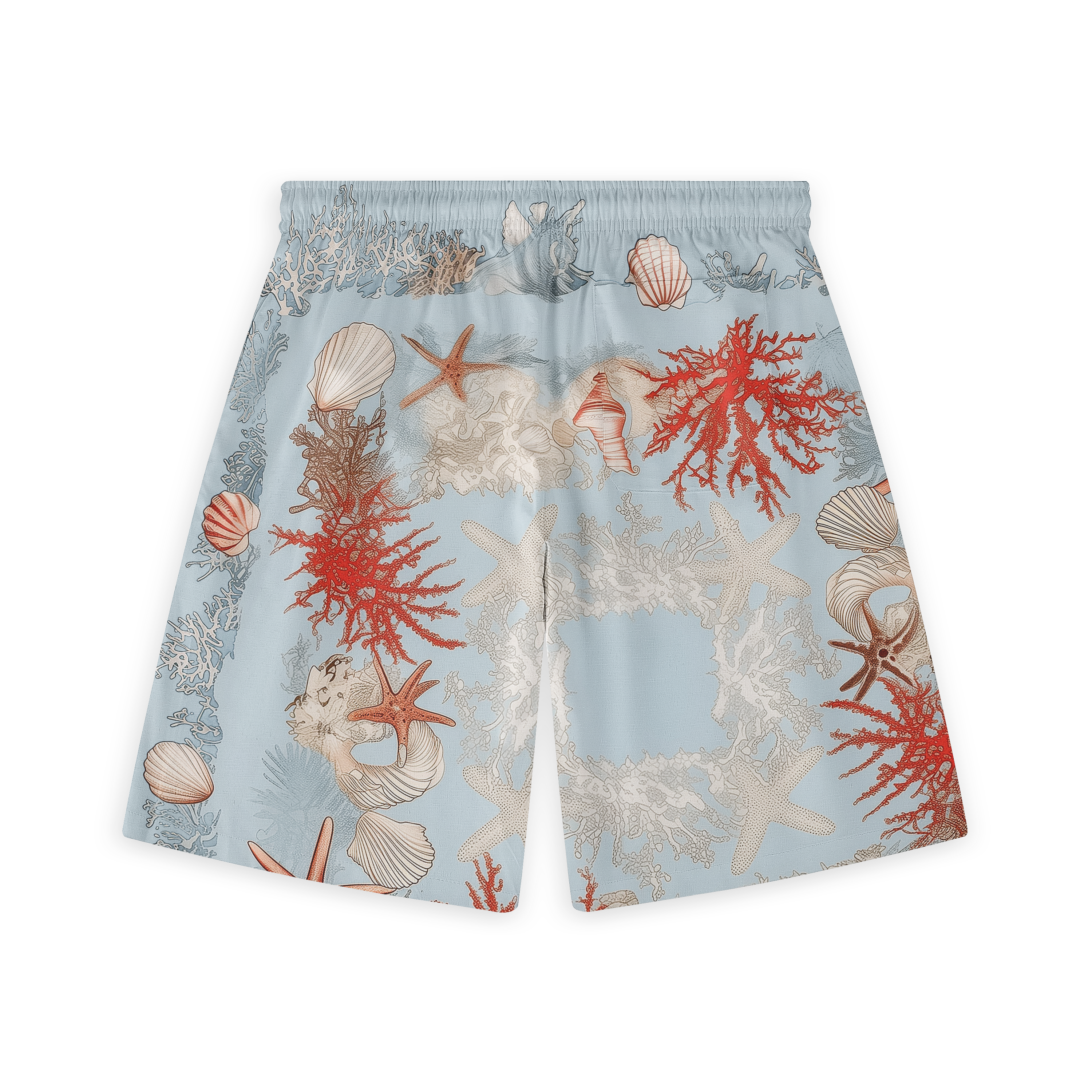 A pair of shorts featuring a design with red and beige coral, starfish, seashells, and marine elements on a light blue background, creating a vibrant and ocean-inspired look.