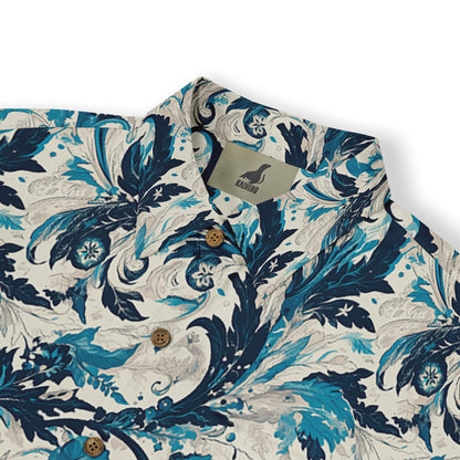 Detailed blue and white shirt with oceanic and floral motifs