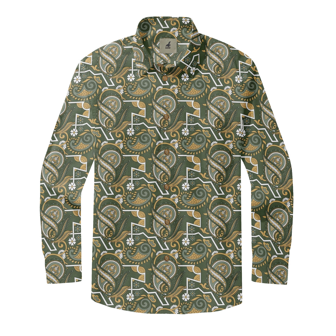 Olive Green Paisley Long Sleeve Hawaiian Shirt