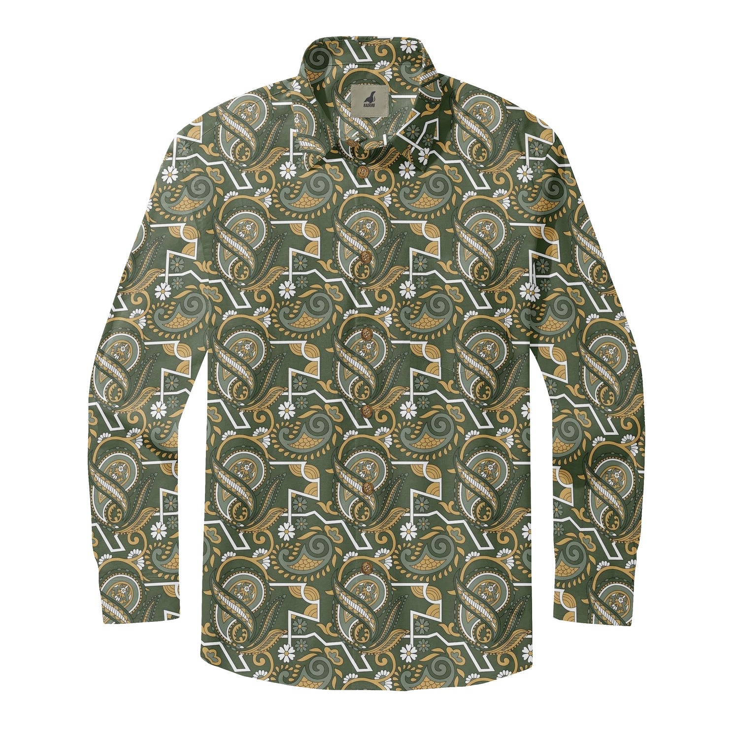 Olive Green Paisley Long Sleeve Hawaiian Shirt