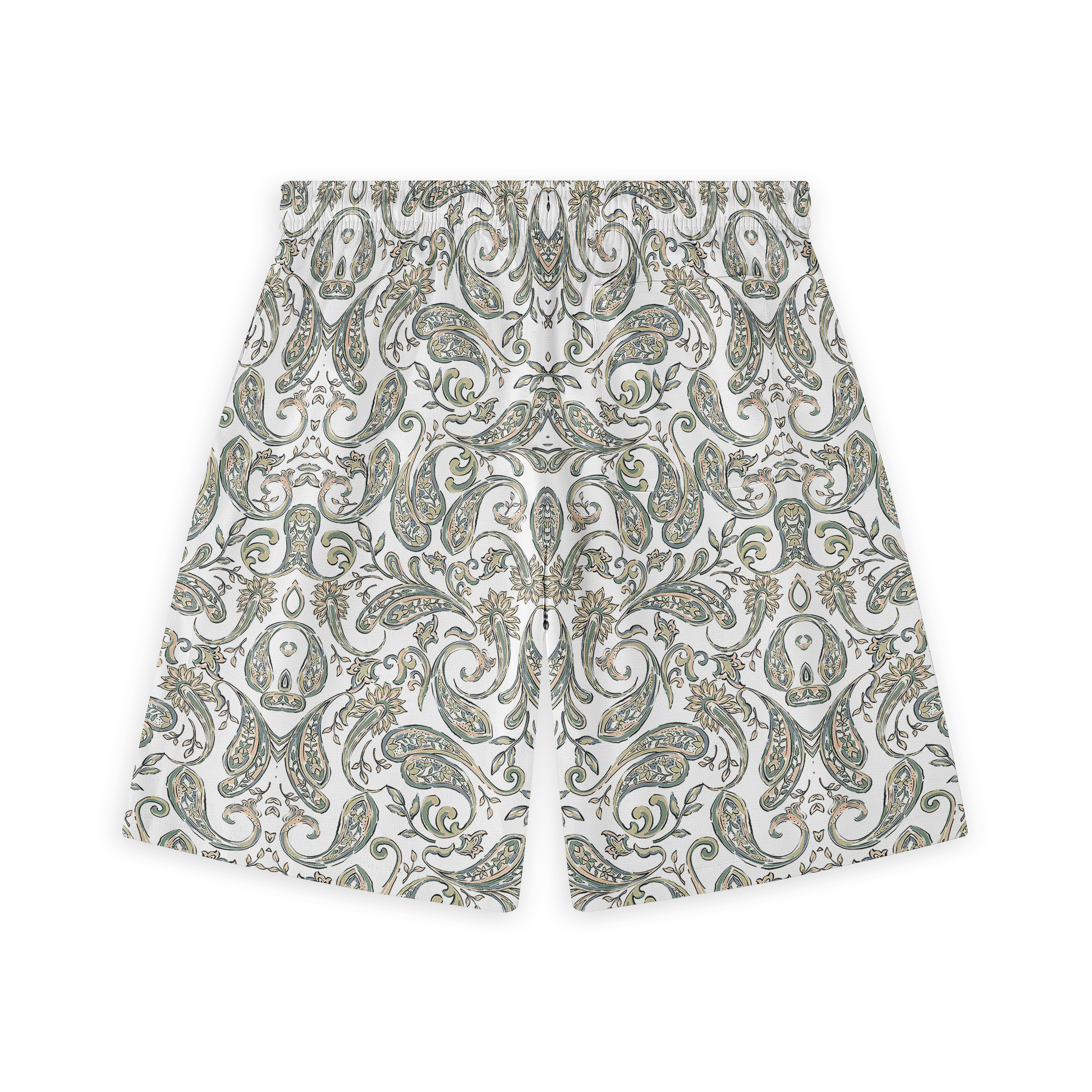 A pair of shorts featuring a design with intricate paisley patterns in soft shades of green, beige, and gold on a white background, creating a classic and elegant look.