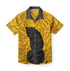 Mustard yellow shirt with a black panther design and abstract leaf patterns.