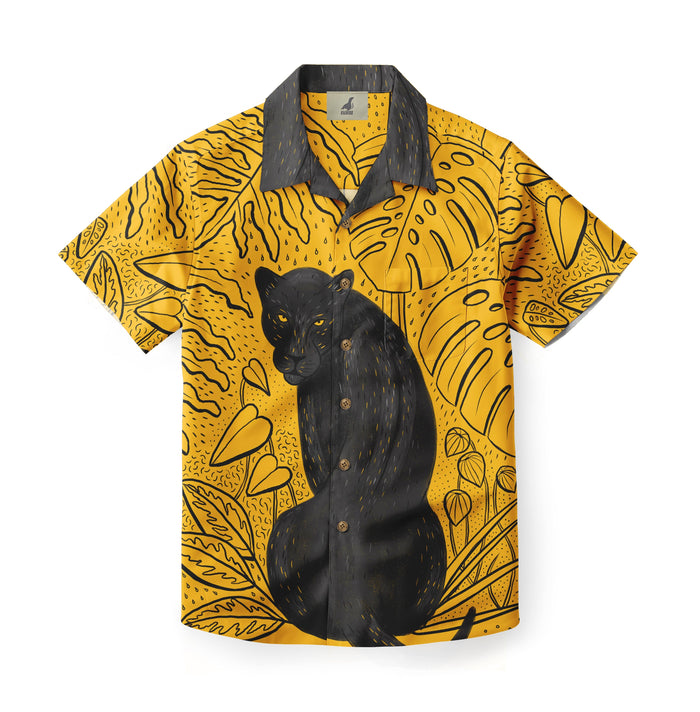 Yellow shirt with black panther and leaf pattern, short sleeves.