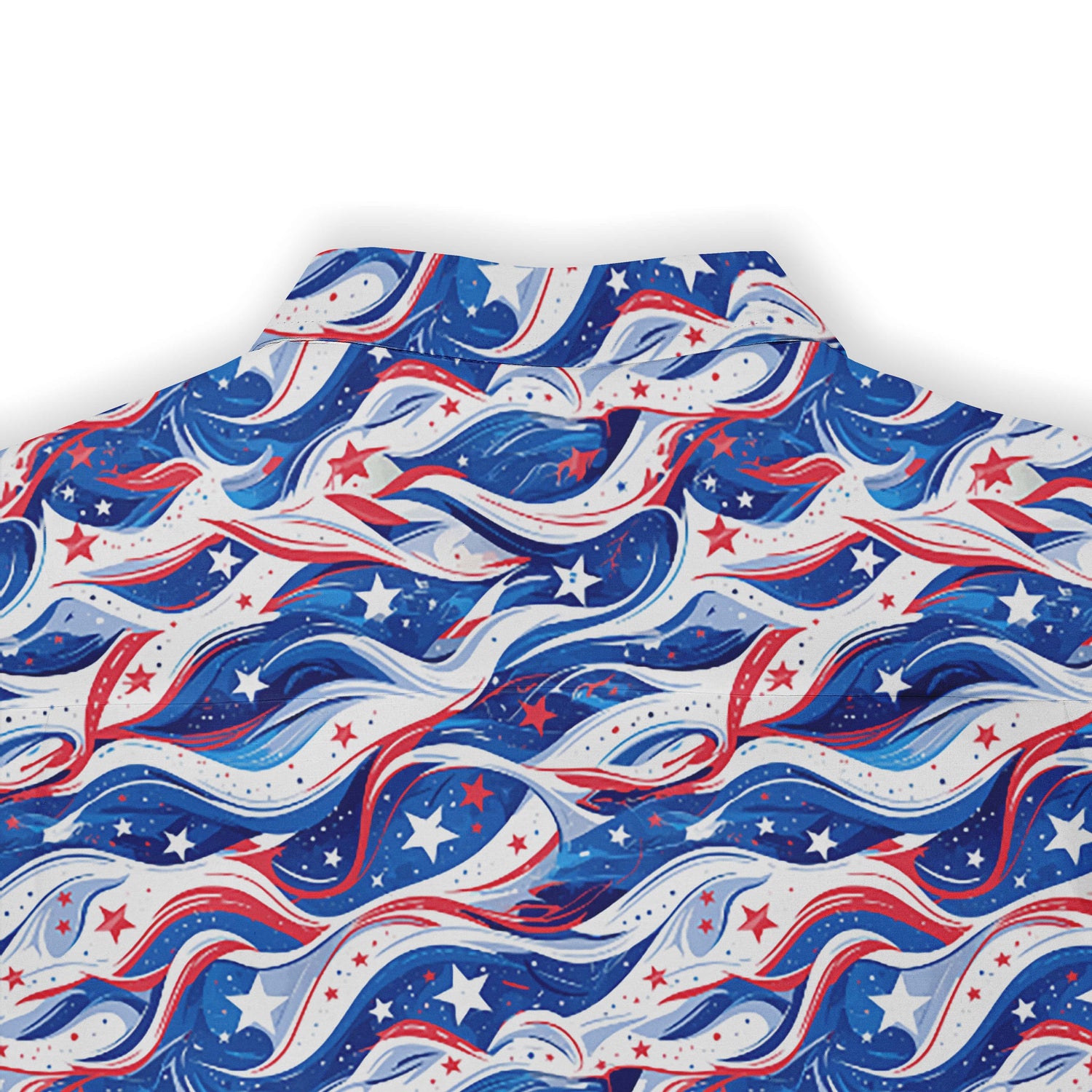 Patriotic shirt with energetic wave and star design.