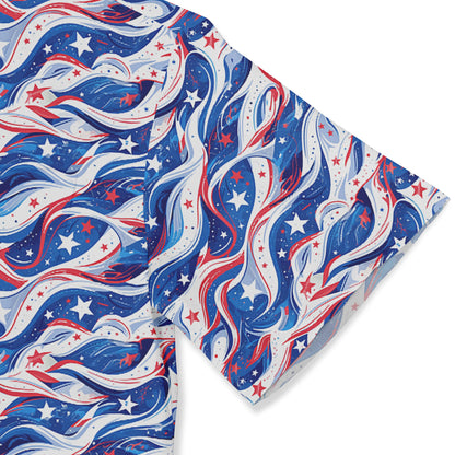 Vibrant American flag-inspired shirt with star patterns.