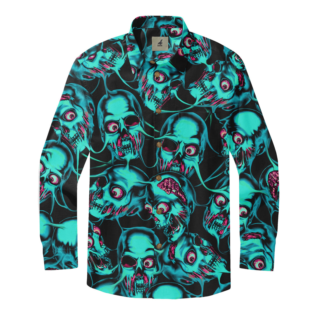 Black shirt with vibrant teal and pink skull pattern, featuring.