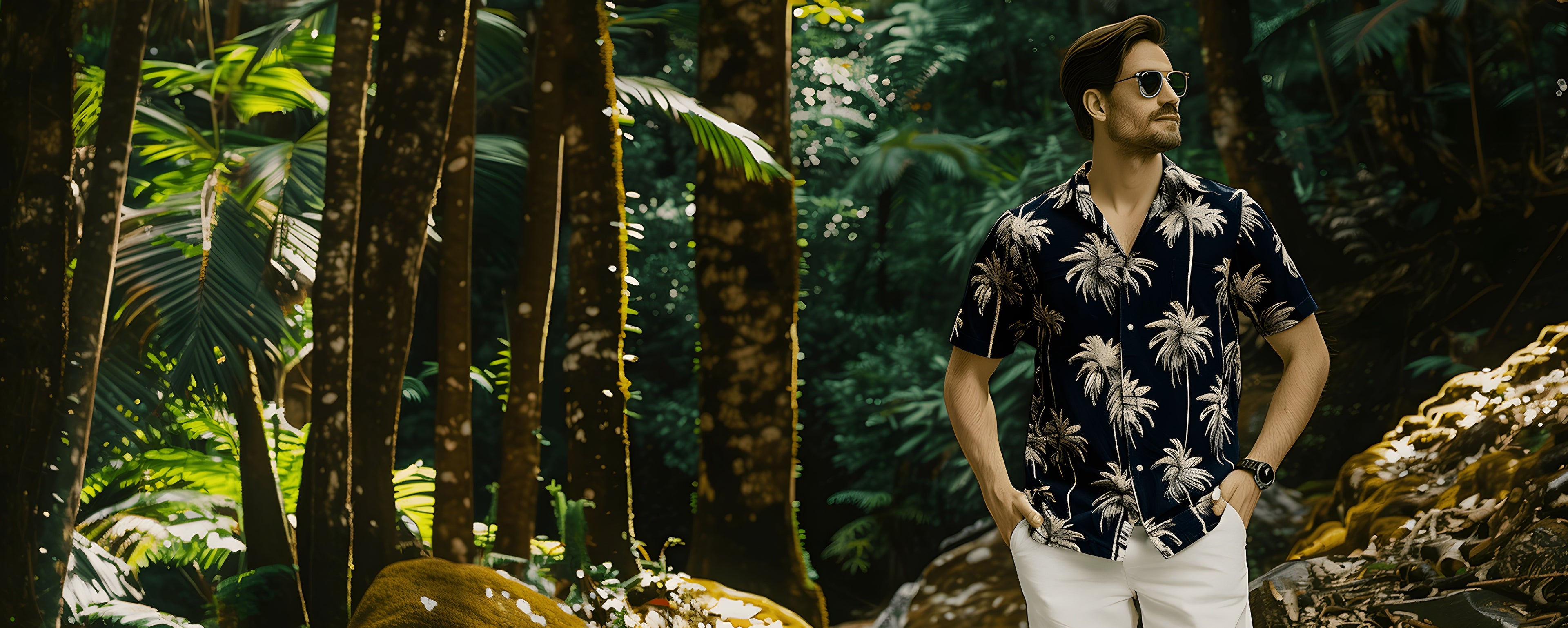 A men wearing hawaiian shirts which is coconuts tree in black background  standing in the forest