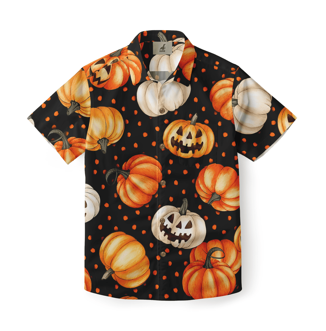 Black Hawaiian shirt with orange and white pumpkins.