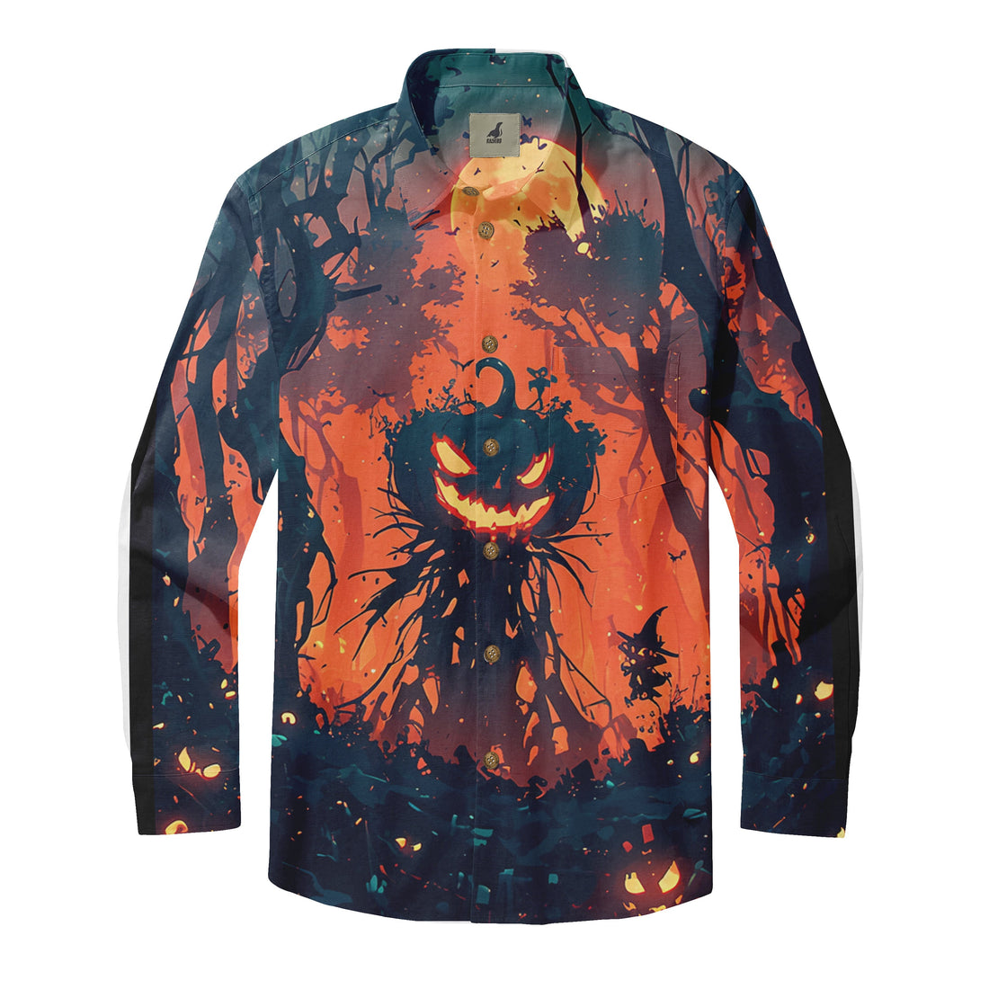 Halloween-themed shirt with a glowing pumpkin, spooky forest.
