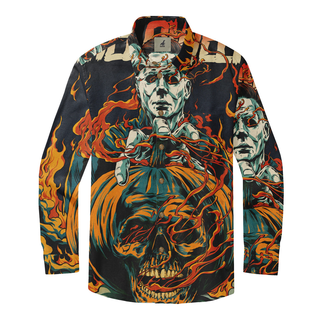Halloween-themed shirt featuring Michael Myers and a flaming pumpkin.
