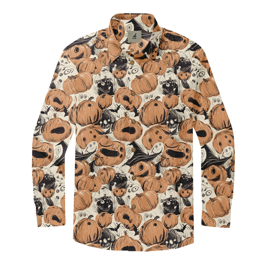 Halloween-themed shirt with pumpkin, ghost, and bat pattern.