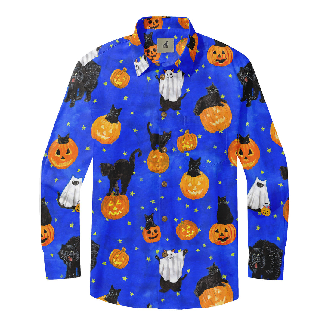 Blue Halloween shirt with black cats, pumpkins, ghosts, and stars.