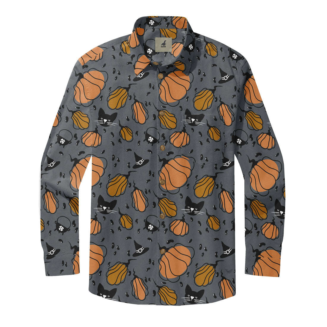 Gray shirt with orange pumpkins, black cats, and witch hats.