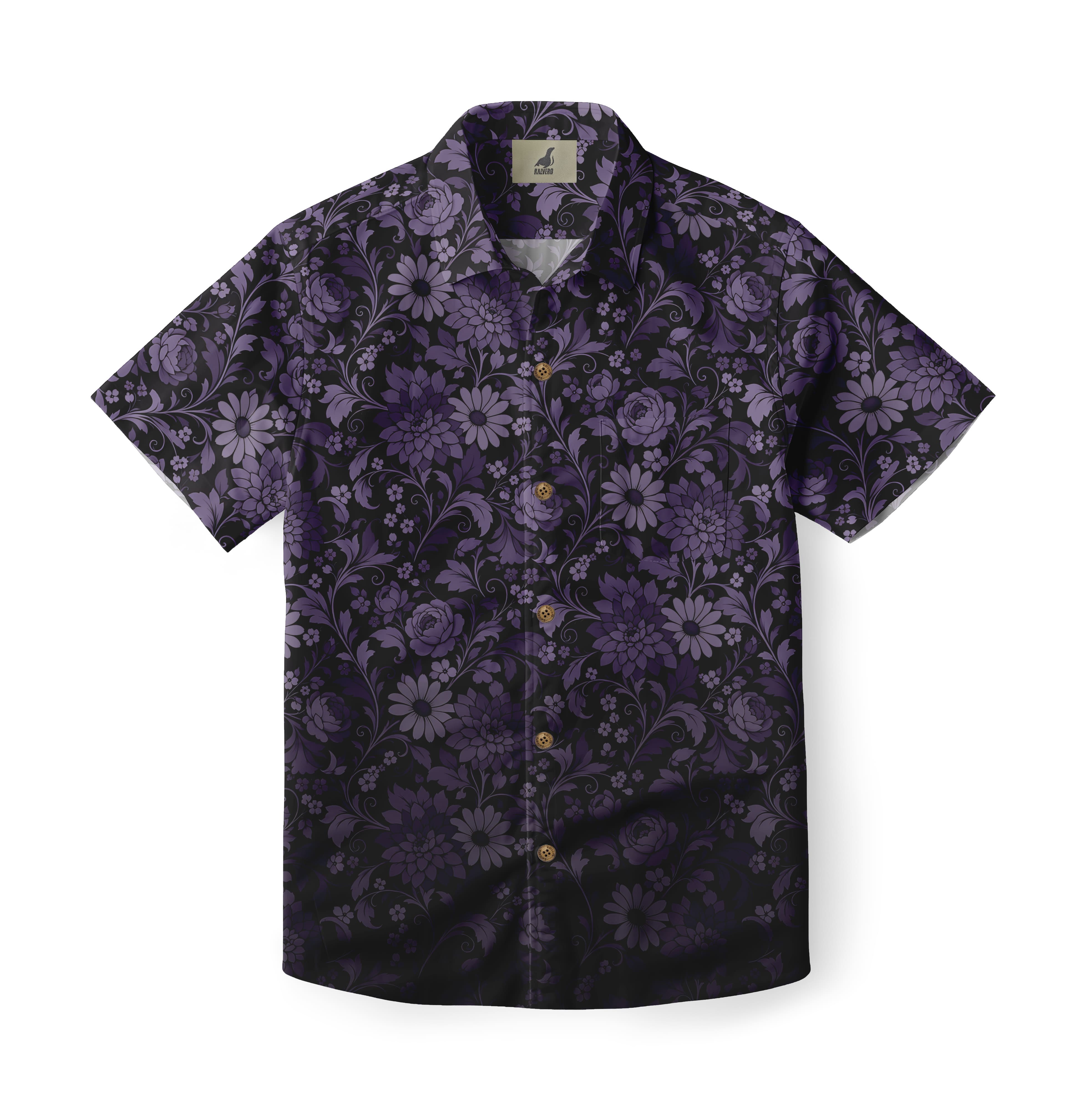 Purple Midnight Florals Hawaiian shirt with a bold dark botanical pattern