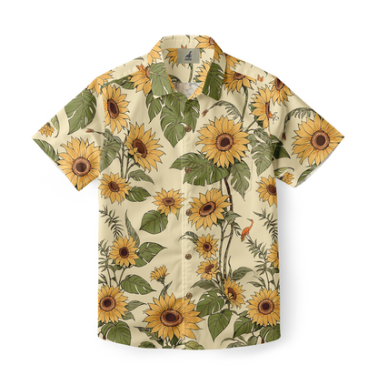 A shirt with a vibrant sunflower pattern on a light background.