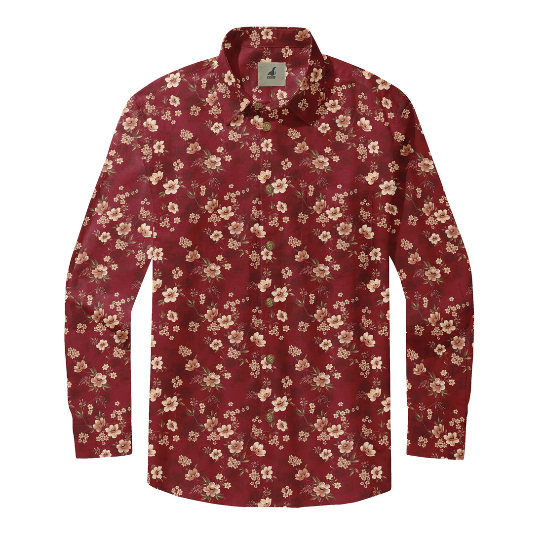 Burgundy Floral Print Long Sleeve Hawaiian Shirt